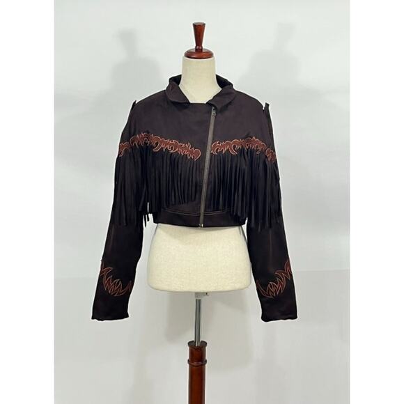 INTO GAIA Sz L Large Cosmic Feelings Vegan Suede Tassel Jacket Crop NWT - Picture 8 of 14